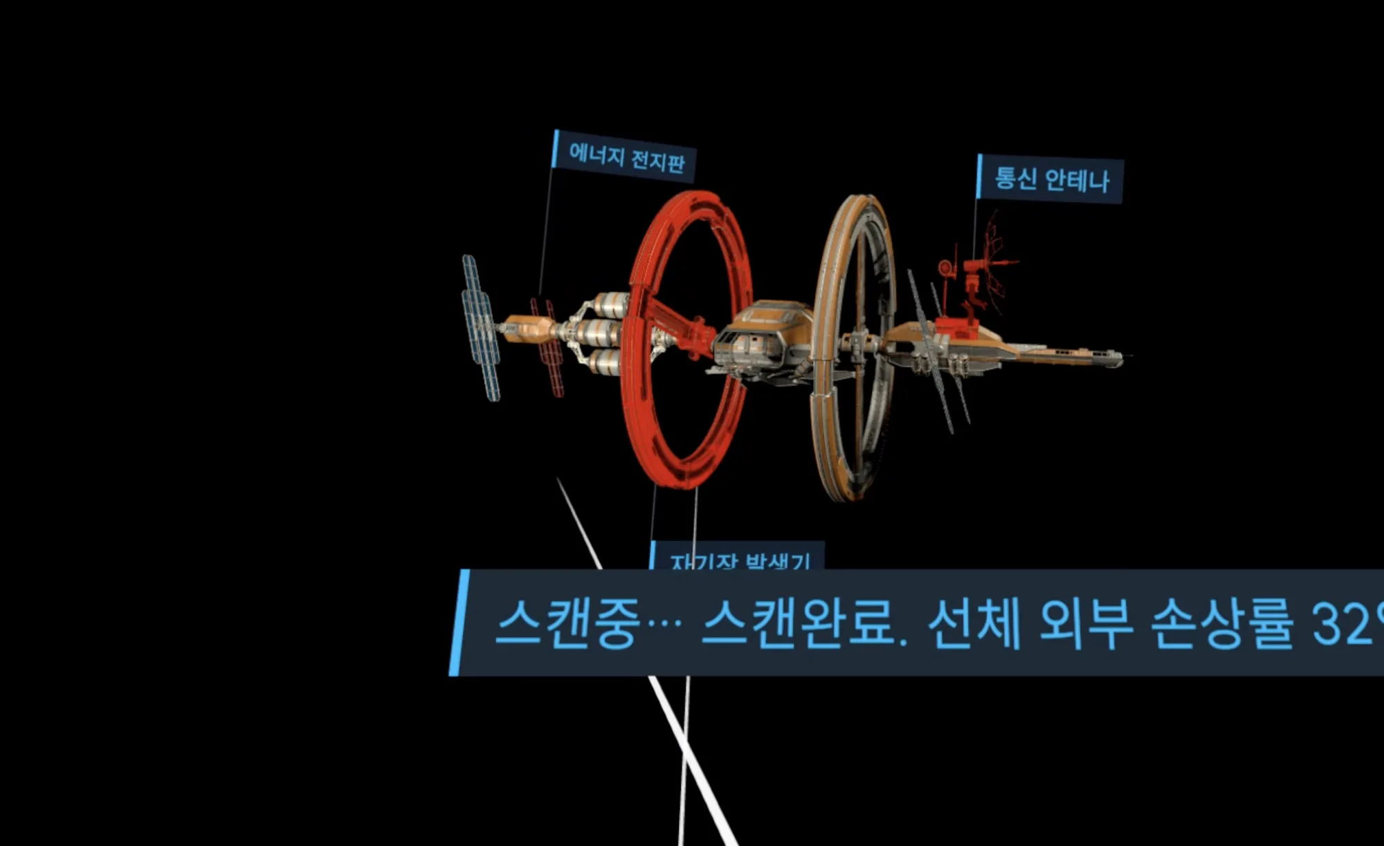 스캔 화면에 자기장 발생기 · 통신 안테나 · 에너지 전지판 이름표가 떠 있는 손상된 우주선. 아래에 선체 외부 손상률이 표시된다